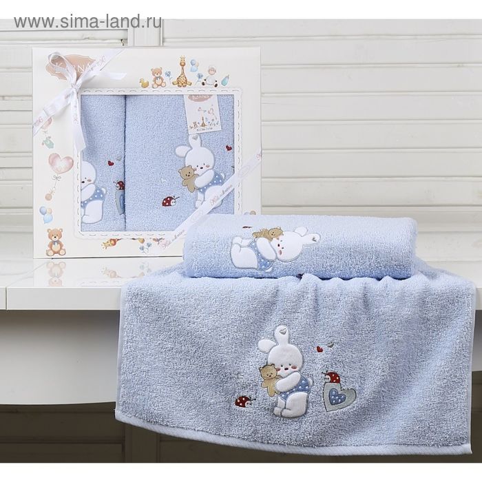 КМП «Bambino - Bunny», размер 50 × 70 - 1 шт., 70 × 120 см - 1 шт., голубой, махра - Фото 1