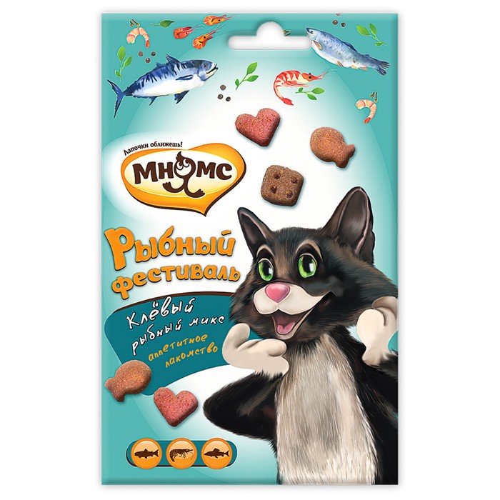 Лакомство Мнямс Рыбный фестиваль для кошек, лосось, креветки, форель, 50 г - Фото 1