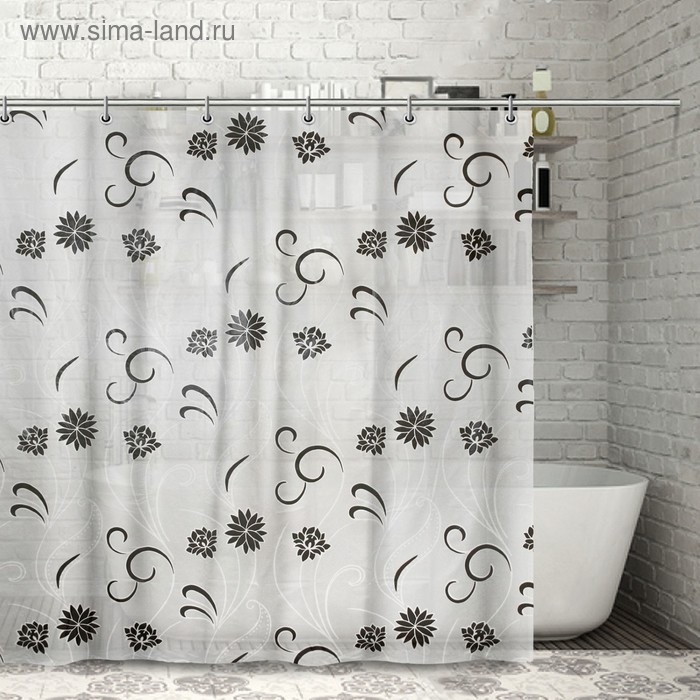 Штора для ванной комнаты Доляна «Чёрно-белые цветы», 180×180 см, PEVA - Фото 1