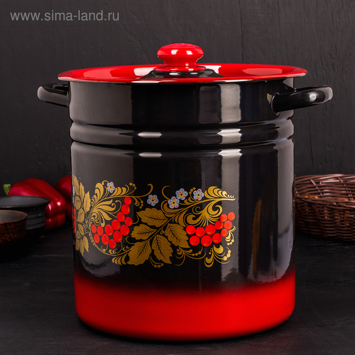 Кастрюля - бак эмалированная «Рябинушка», 12 л, d=24 см, цилиндрическая, цвет чёрно-красный, ручка МИКС - Фото 1
