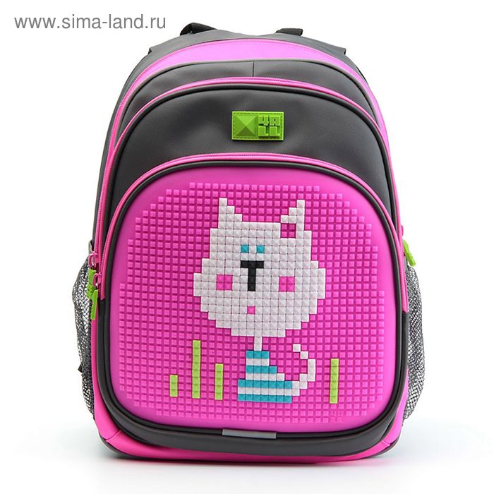 Рюкзак школьный эргономичная спинка Пиксель 4ALL KIDS 39*27*17 см RK61-02N "Белый кот", чёрный-розовый - Фото 1