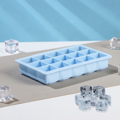 Форма для льда Доляна «Кубик», силикон, 11,7×18,7×3,4 см, 15 ячеек (3,4×3,4 см), цвет голубой