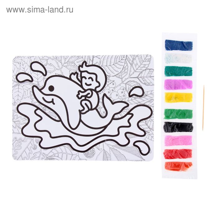 Фреска с оборотом - раскраской для вдохновения "Дельфин с малышом" песок 10 цв.по 1гр+стек - Фото 1