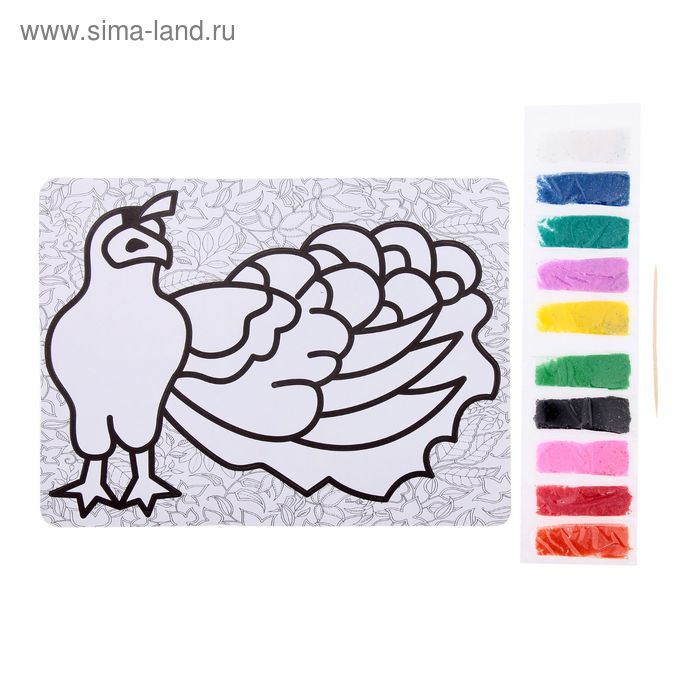 Фреска с оборотом - раскраской для вдохновения "Павлин" песок 10 цветов по 1гр + стек - Фото 1