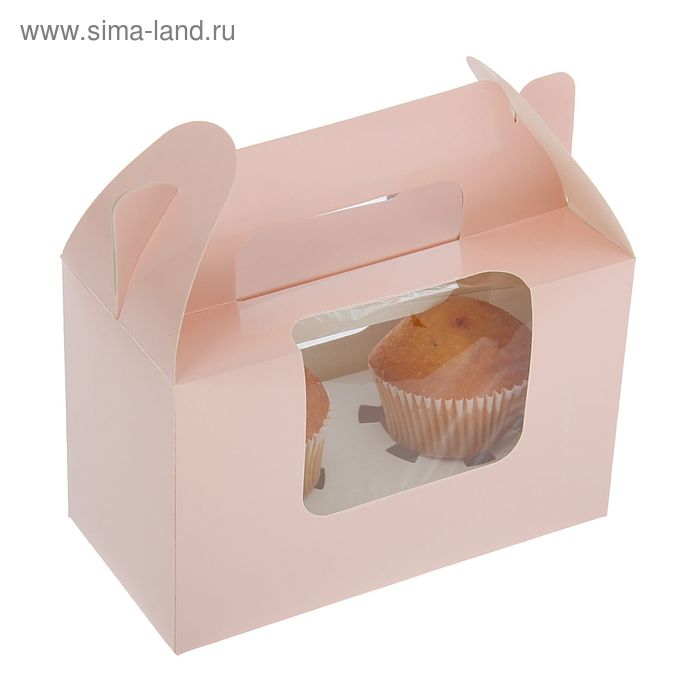 Кондитерская упаковка под 2 капкейка с окном, 16 х 8 х 10 см, розовая - Фото 1