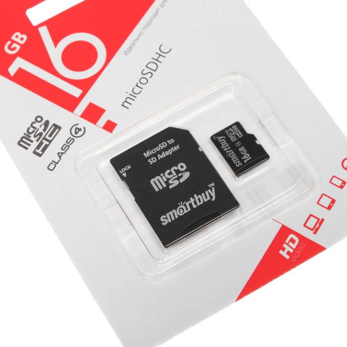 Карта памяти Smartbuy microSD, 16 Гб, SDHC, класс 4, с адаптером SD - фото 51293435