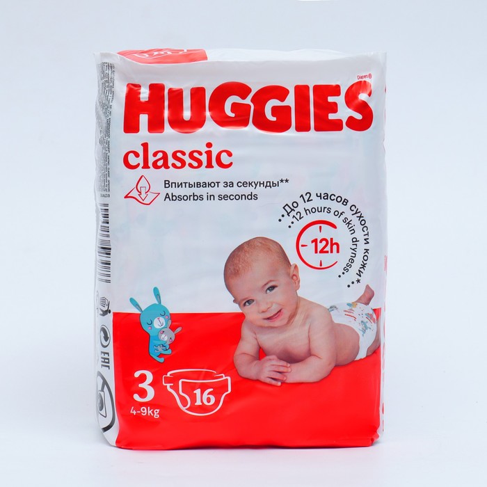 Подгузники HUGGIES Classic (4-9 кг), 16 шт - Фото 1