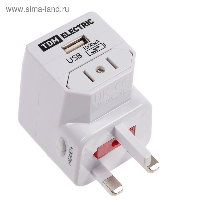 Тревел-адаптер TDM, 100-250 В, 3 A, 5 в 1, c USB-зарядкой 1000 мА, белый, SQ1806-0044 - Фото 1
