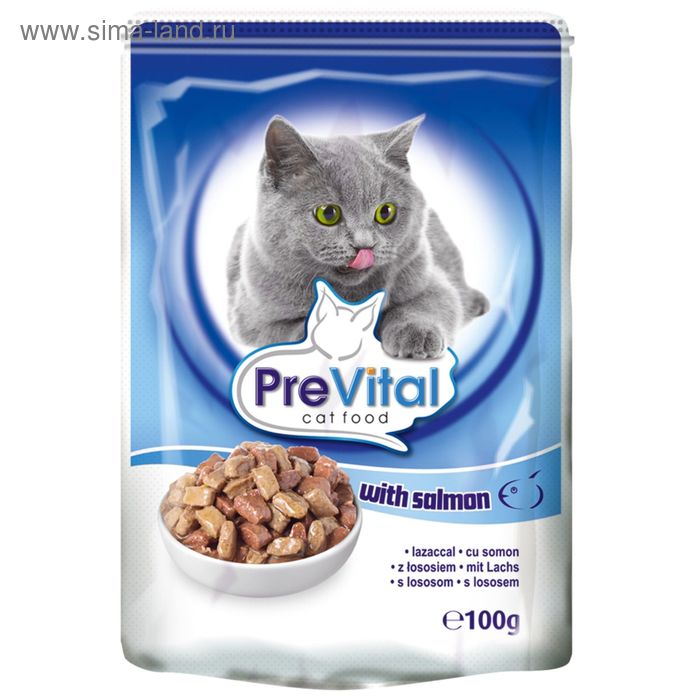 Влажный корм PreVital для кошек, в соусе с лососем, пауч., 100 г. - Фото 1