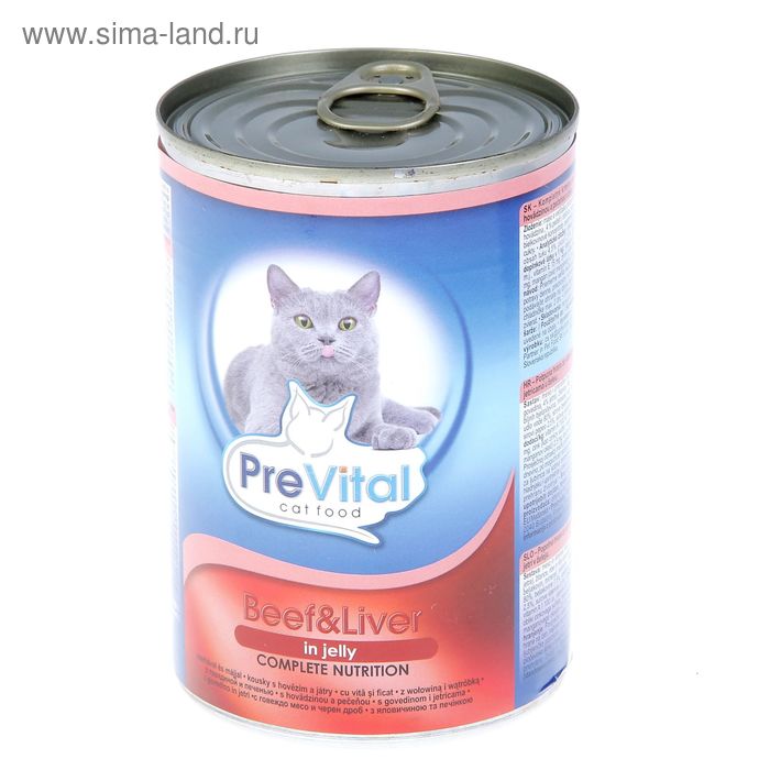 Влажный корм PreVital для кошек, кусочки в желе с говядиной и печенью, ж/б, 415 г. - Фото 1