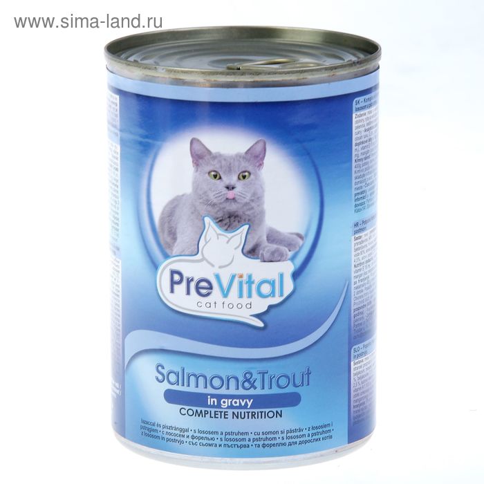 Влажный корм PreVital для кошек, кусочки в соусе с лососем и форелью, ж/б, 415 г. - Фото 1