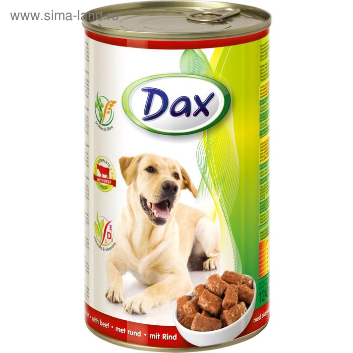 Влажный корм DAX для собак, кусочки в соусе с говядиной, ж/б, 1240 г. - Фото 1