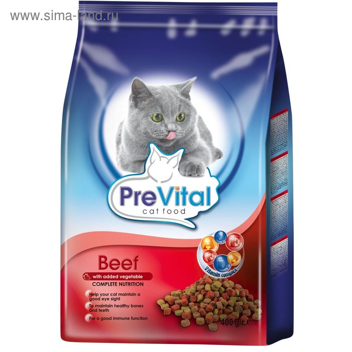 Сухой корм PreVital для кошек, говядина с овощами, 400 г. - Фото 1