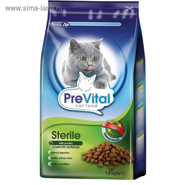 Сухой корм PreVital для стерилизованных кошек, с птицей, 1,6 кг. - Фото 1