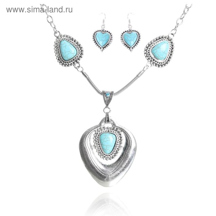 Набор 2 предмета: серьги, колье "Бирюзовый мир" сердце, цвет голубой в серебре - Фото 1