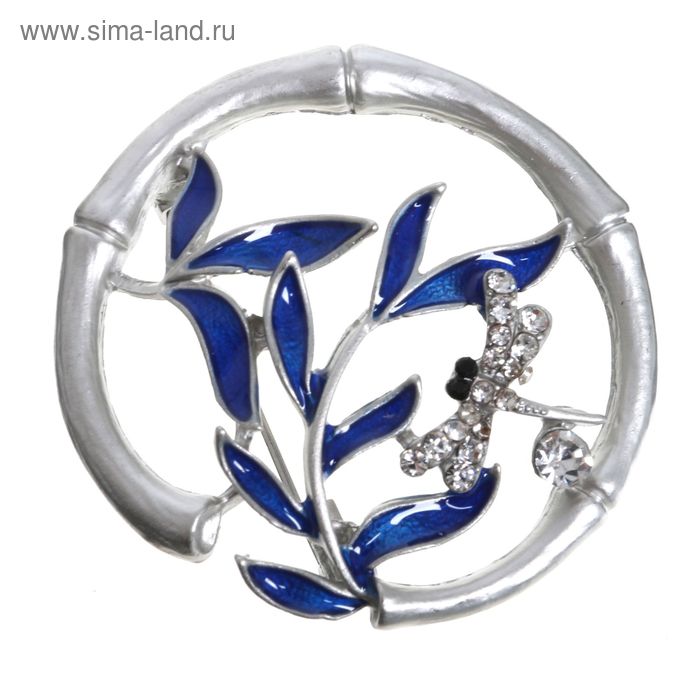 Брошь "Ветвь" со стрекозой, цвет синий в матовом серебре - Фото 1
