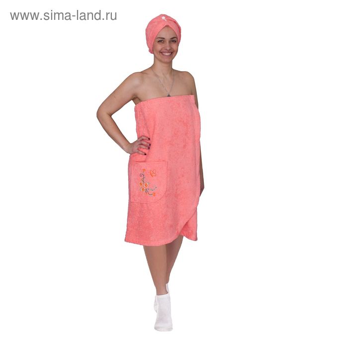 Набор для сауны женский с вышивкой (парео, чалма) цвет коралл - Фото 1