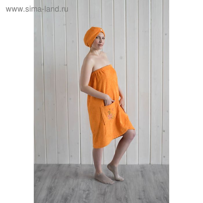 Набор для сауны женский с вышивкой (парео, чалма) цвет оранжевый - Фото 1