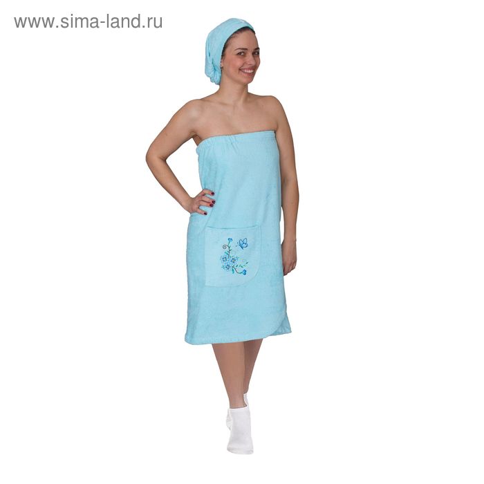 Набор для сауны женский с вышивкой (парео, чалма) цвет бирюза - Фото 1