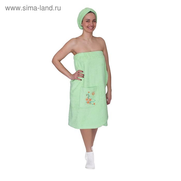 Набор для сауны женский с вышивкой (парео, чалма) цвет салатовый - Фото 1