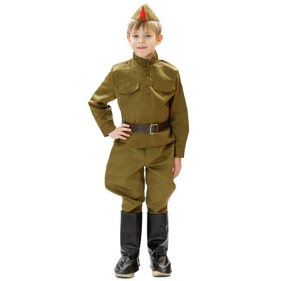 Костюм военного: гимнастёрка, ремень, пилотка, галифе, сапоги, 3-5 лет, рост 104-116 см