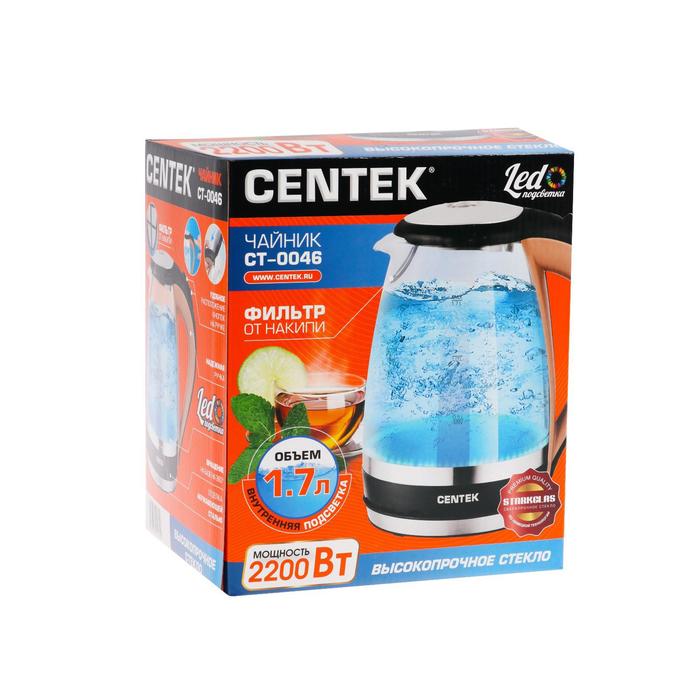 Чайник электрический Centek CT-0046, стекло, 1.7 л, 2200 Вт, подсветка, коричневый - фото 51331203