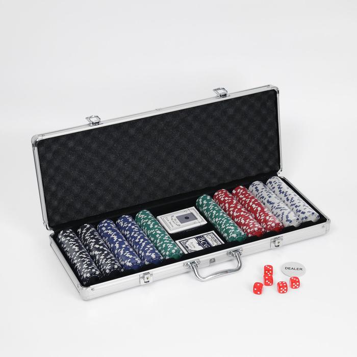 Покер в металлическом кейсе (2 колоды, фишки 500 шт б/номомин.,5 кубиков), 20.5 х 56 см - Фото 1