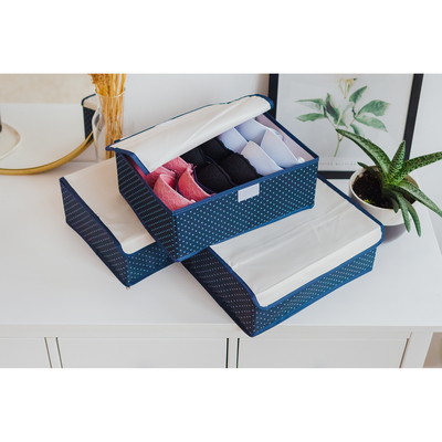 Набор органайзеров для хранения белья с крышкой «Горох», 3 шт., 32×24×12 см, цвет тёмно-синий