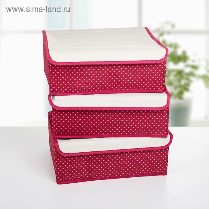 Набор органайзеров для хранения белья с крышкой «Горох», 3 шт., 32×24×12 см, цвет красный