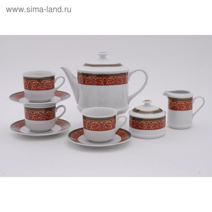 Сервиз чайный "Сабина", 15 предметов, красная обводка, золотой орнамент - Фото 1