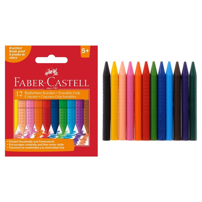 Мелки восковые 12 цветов Faber-Castell GRIP трёхгранные, стираемые - Фото 1