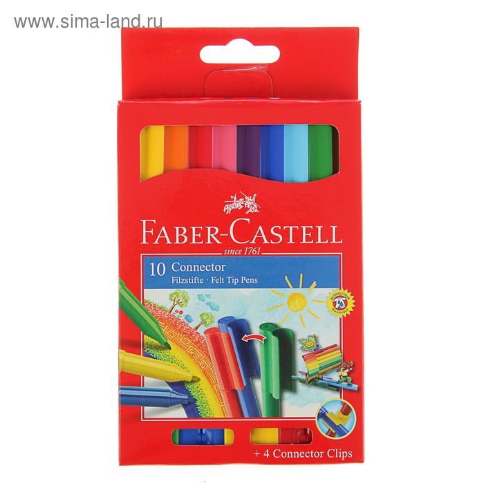 Фломастеры 10 цветов Faber-Castell, с клипом (инструкция внутри) в картонной коробке - Фото 1