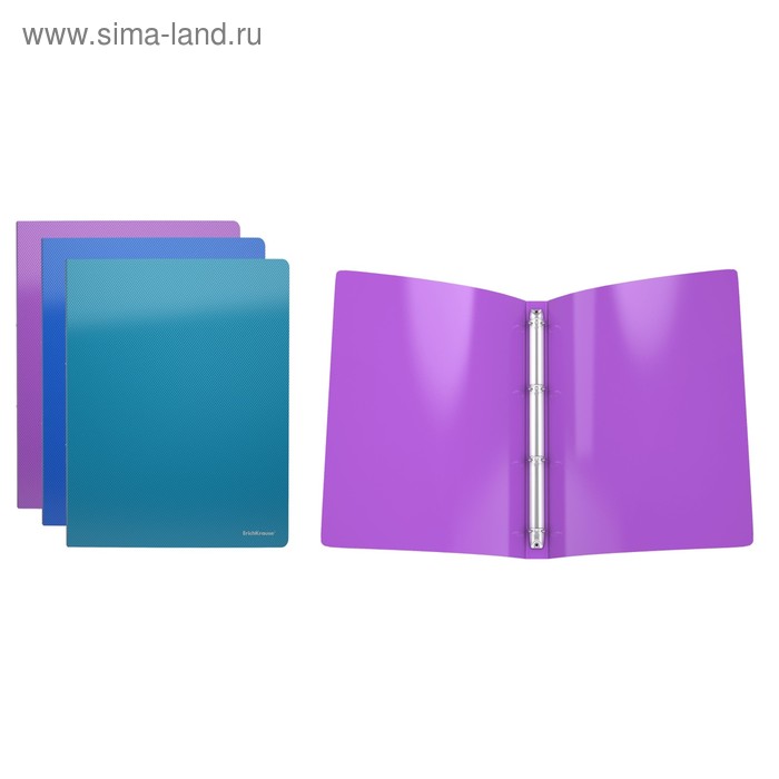 Папка на 4 кольцах А4, 24 мм, Erich Krause Glance Vivid, пластиковая, толщина 500 мкм, тиснение - диагональ, вместимость до 100 листов, микс - Фото 1