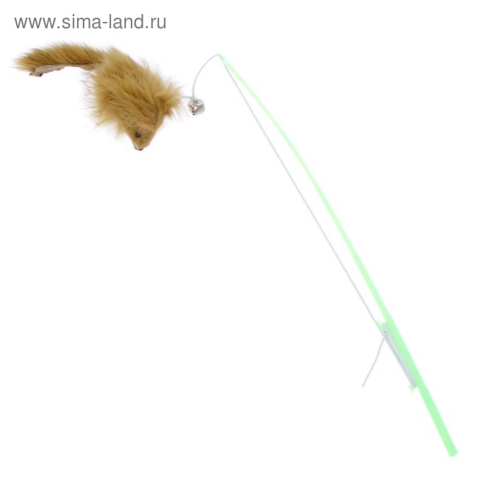 Дразнилка с мышью из натурального меха, микс цветов - Фото 1