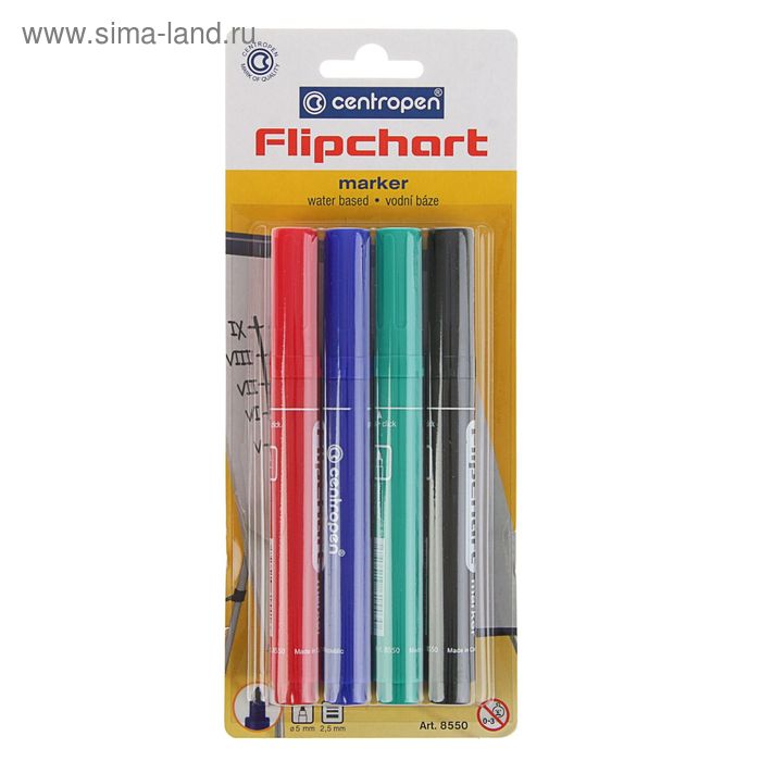 Набор маркеров для флипчарта 4 цвета, 5.0 мм Centropen 8550, линия 2,5 мм, блистер, европодвес - Фото 1