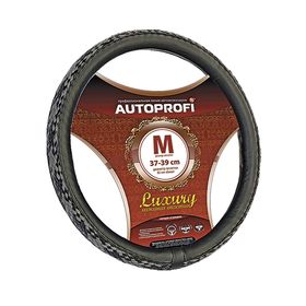 Оплётка руля AUTOPROFI AP-810 BK/BK,GY (M), серия LUXURY, PU кожа, плетёные вставки, цвет чёрный/серый