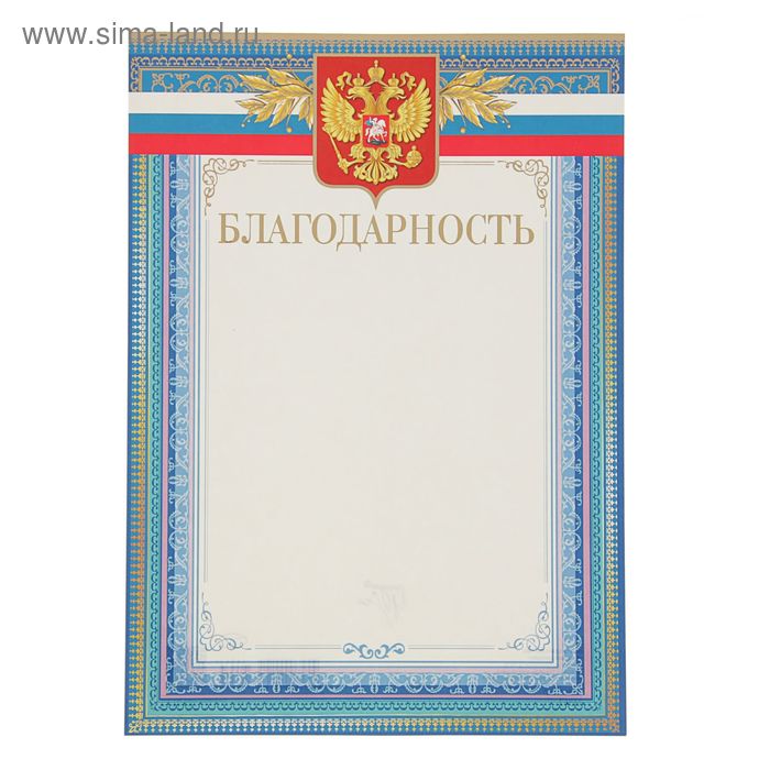 Благодарность "Синяя рамка" герб и флаг России 210х297 - Фото 1