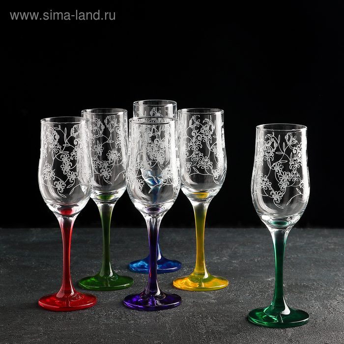 Набор бокалов для шампанского Рrimavera, стеклянный, 190 мл, 6 шт, гравировка, напыление
