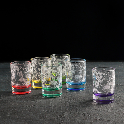 Набор стопок Рrimavera, стеклянный, 6 шт, 50 мл, гравировка, цветное дно