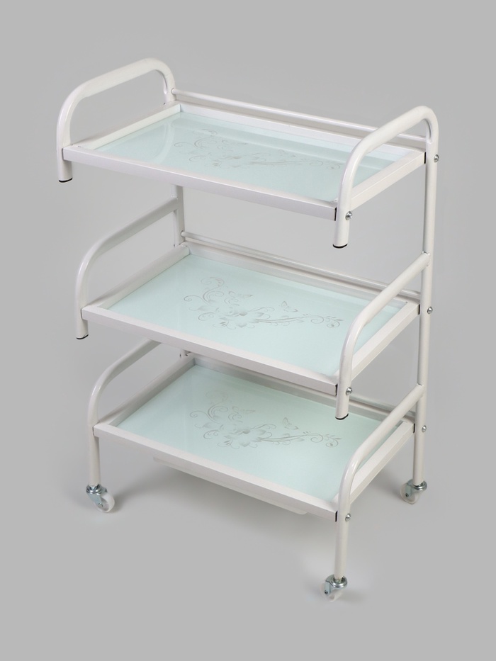 Столик косметолога 52×32×80, на колеса×, 3 полки, белый (РИСУНОК НА СТЕКЛЕ МИКС) - Фото 1