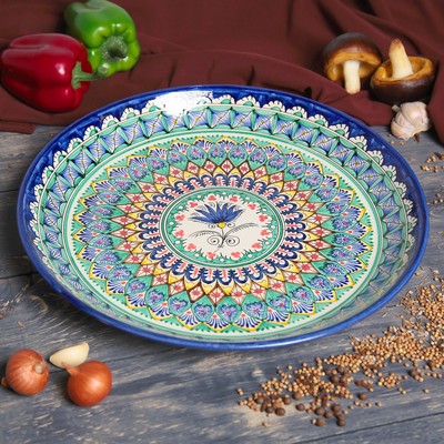 Ляган узбекский Риштанская Керамика «Узоры», d=36 см, синий