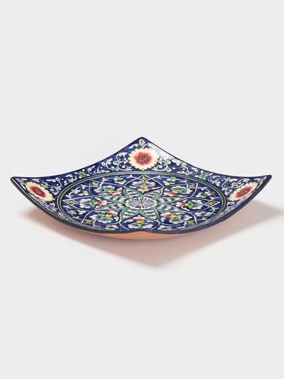 Ляган узбекский Риштанская Керамика «Узоры», 31×6 см, квадратный, синий