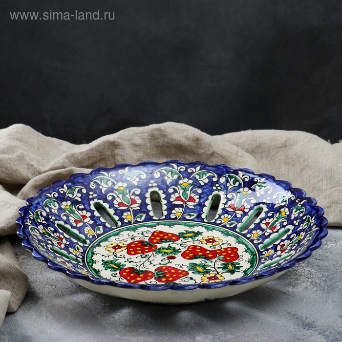 Фруктовница Риштанская Керамика "Цветы", 33 см, синяя - Фото 1