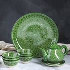 Набор чайный, риштанская роспись, 9 предметов, зелёный: чайник 0.8 л, пиалы 0.3 л - фото 8539332