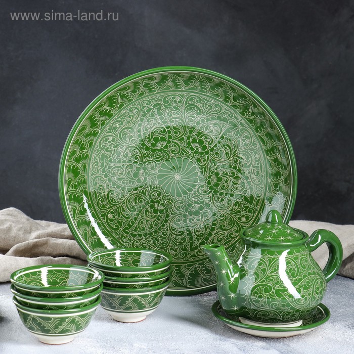 Набор чайный, риштанская роспись, 9 предметов, зелёный: чайник 0.8 л, пиалы 0.3 л - Фото 1