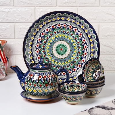 Набор чайный Шафран «Риштанская керамика», 9 предметов: чайник 800 мл, пиалы 6 шт. 200 мл, ляган, блюдце, разноцветный