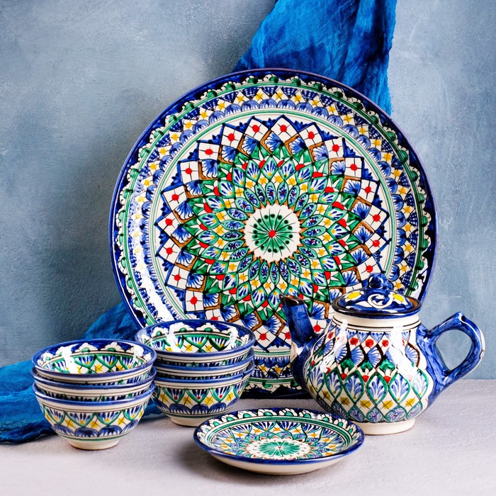 Набор чайный 9 предметов Риштанская Керамика (Чайник 0,8л,пиалы- 0,2) - Фото 1