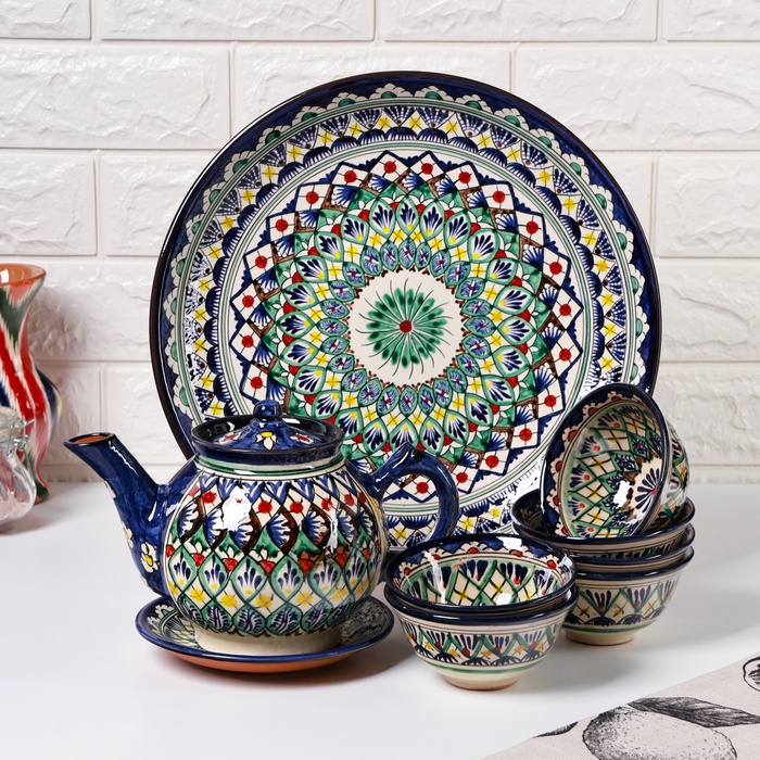 Набор чайный Шафран «Риштанская керамика», 9 предметов: чайник 800 мл, пиалы 6 шт. 200 мл, ляган, блюдце, разноцветный - Фото 1