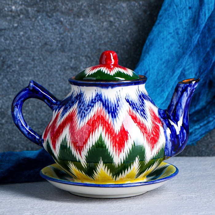 Набор чайный Риштанская керамика "Атлас №2", 9 предметов (чайник 1л, пиалы 0,3л), микс - фото 1925830377