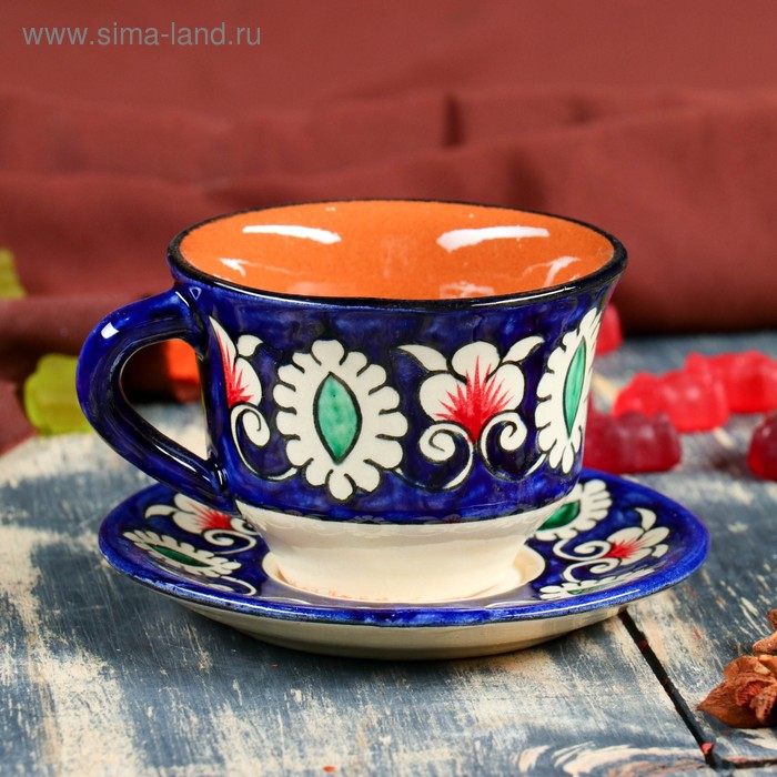 Чайная пара Риштанская Керамика "Цветы", 100 мл, (тарелка 10см, чашка 7,5см), синяя - Фото 1